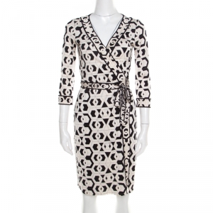 Pre Owned Diane von Furstenberg Monochrome Printed Silk Jersey Wrap Banded Julian Dress S