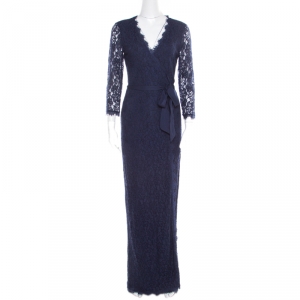Pre Owned Diane von Furstenberg Navy Blue Floral Lace Julianna Wrap Maxi Dress M