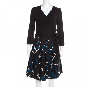 Pre Owned Diane Von Furstenberg Black and Blue Printed Wool and Silk Jewel Wrap Dress L