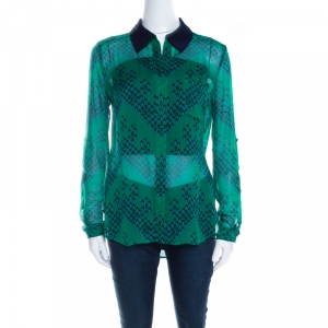 Pre Owned Diane von Furstenberg Green Chevron Spot Printed Silk Georgette Lorelei Two Blouse S