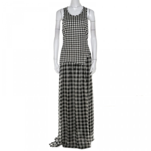 Pre Owned Diane Von Furstenberg Black and White Checkered Silk Davina Maxi Dress M 