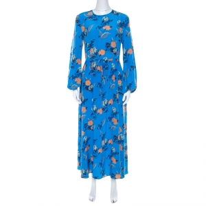 Pre Owned Diane Von Furstenberg Blue Silk Mandarin Floral Print Maxi Dress S 