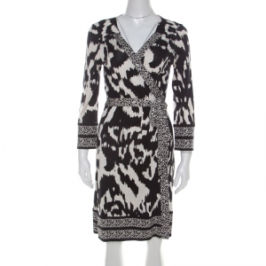 Pre Owned Diane Von Furstenberg Monochrome Printed Silk Jersey Tallulah Wrap Dress L 