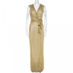 Pre Owned Diane Von Furstenberg Metallic Gold Knit Sleeveless Maxi Wrap Dress M 