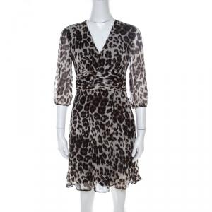 Pre Owned Diane Von Furstenberg Leopard Print Silk Ruched Waist Dress XS