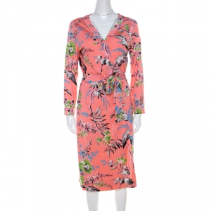 Pre Owned Diane von Furstenberg Coral Pink Flora and Fauna Print Silk Wrap Dress L