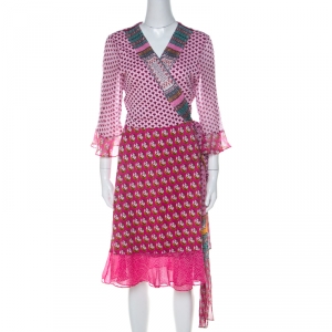 Pre Owned Diane Von Furstenberg Pink Silk Jersey & Chiffon Floral Print Nieves Wrap Dress L