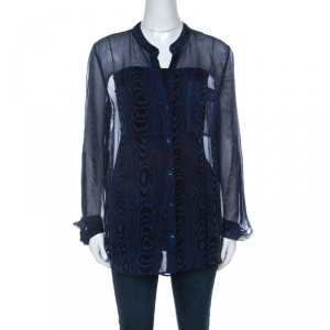 Pre Owned Diane von Furstenberg Dark Blue & Black Woodgrain Print Silk Chiffon Buttoned Gilmore Blouse L