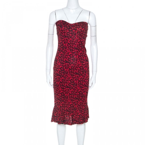 Pre Owned Diane Von Furstenberg Red Printed Silk Strapless Baby Jane Dress L