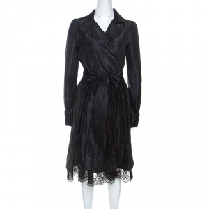 Pre Owned Diane Von Furstenberg Black Silk Taffeta Lace Trim Costa Wrap Dress M
