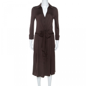 Pre Owned Diane Von Furstenberg Brown Jersey Tie Waist Eli Shirt Dress M