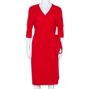 Pre Owned Diane Von Furstenberg Red Cashmere Coen Wrap Dress L