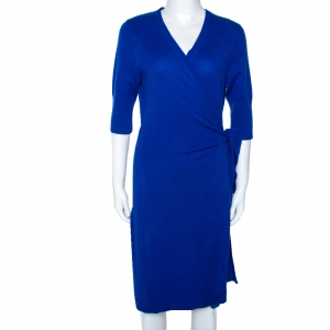 Pre Owned Diane Von Furstenberg Blue Cashmere Coen Wrap Dress L