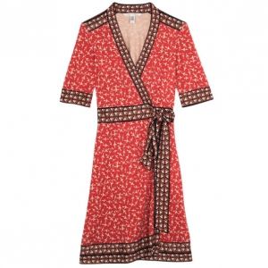 Pre Owned Diane von Furstenberg "Lucinda" Red Airplane Print Silk Wrap Dress L