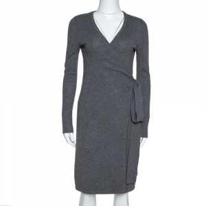 Pre Owned Diane von Furstenberg Grey Cashmere New Linda Wrap Dress P