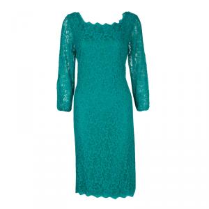 Pre Owned Diane Von Furstenberg Turquoise Lace Long Sleeve Zarita Dress L