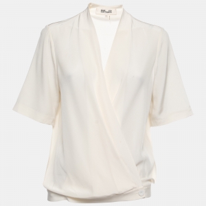 Pre Owned Diane Von Furstenberg Off White Silk Crepe Short Sleeve Blouse M