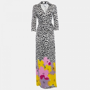 Diane Von Furstenberg Black & White Printed Jersey Silk Wrap Dress M