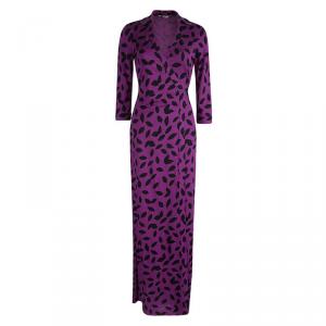Pre Owned Diane Von Furstenberg Purple Leaf Pattern Abigail Vintage Wrap Dress S