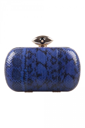 Diane Von Furstenberg Blue/Black Snakeskin Evil Eye Minaudiere Chain Clutch