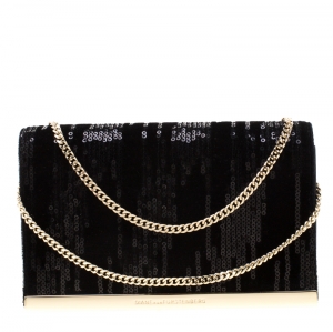 Diane Von Furstenberg Black Sequins Embellished Suede and Leather Soiree Chain Bag