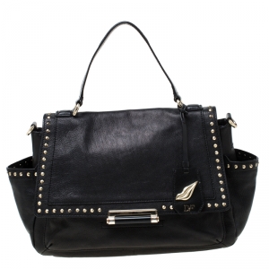 Pre Owned Diane Von Furstenberg Black Studded Leather Faceted Top Handle Bag