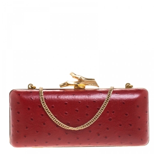 Diane Von Furstenberg Red Ostrich Embossed Leather Tonda Clutch