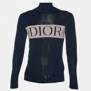 Dior Homme Navy Blue Logo Intrasia Knit Cashmere High Neck Sweater S
