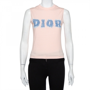 Christian Dior Salmon Pink Denim Logo Printed Tank Top M