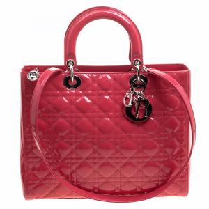 Pre Owned Dior Hot Pink Patent Leather Large Lady Dior Tote