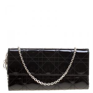 مملوكة مسبقًا Dior Black Cannage Patent Leather Lady Dior Wallet on Chain