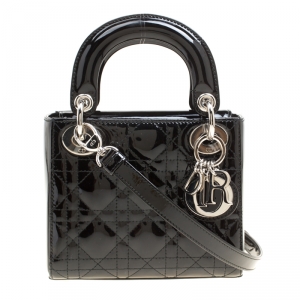 Pre Owned Dior Black Patent Leather Mini Lady Dior Top Handle Bag