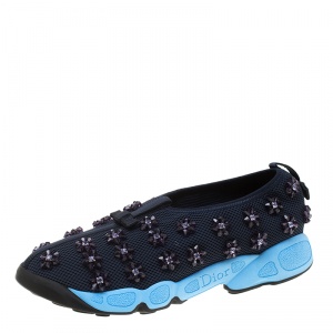 Pre Owned Dior Navy Blue Mesh Fusion Floral Embellished Slip On Sneakers Size 38