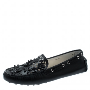 Pre Owned Dior Black Laser Cut Floral Embellished Leather Flore Loafers Size 41.5
