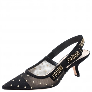 Dior Black Plumetis Mesh J'adior Studded Suede Pointed Toe Slingback Sandals Size 37.5