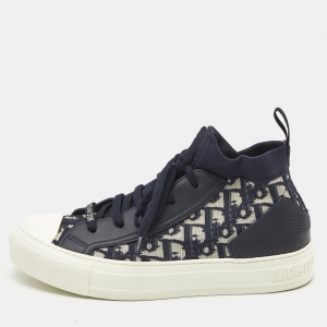 Dior Blue Knit Fabric and Leather Walk'n'Dior High Top Sneakers Size 38