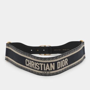 Pre Owned Dior Navy Blue Embroidered Canvas and Leather Buckle Waist Belt 75CM