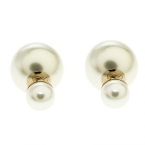Dior Tribales Cream Faux Pearl Gold Tone Stud Earrings