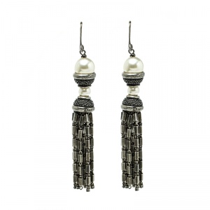 Dior Faux Pearl Silver Tone Tassel Dangle Hook Earrings 