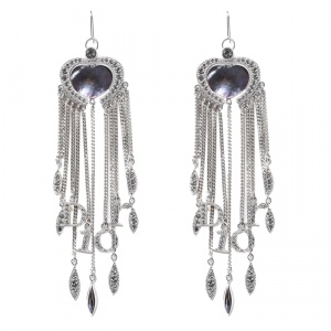 Dior Heart Crystal Embellished Silver Tone Long Tassel Hook Earrings 
