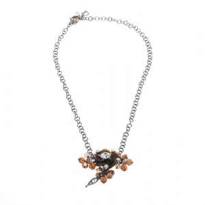  Dior Brown Crystal Flower Gunmetal Tone Chain Link Choker Necklace