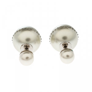 Dior Tribales Faux Pearl Crystal Embellished Silver Tone Earrings 