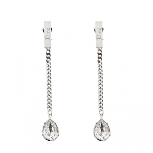 Dior Crystal Silver Tone Chain Long Clip-on Drop Earrings