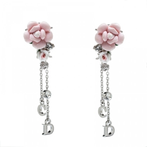 Dior Crystal Embellished Rose Dangle Clip On Earrings