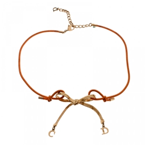 Dior Orange Cord CD Charm Gold Tone Bow Choker Necklace
