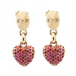 مملوكة مسبقًا Dior Shaded Pink Crystal Gold Tone Heart Drop Earrings