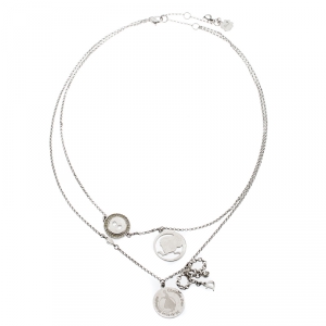 Dior Bow Button Charm Crystal Silver Tone Layered Necklace 