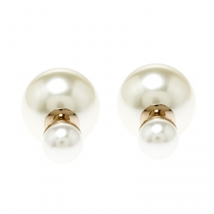 Dior Tribales Cream Faux Pearl Gold Tone Stud Earrings