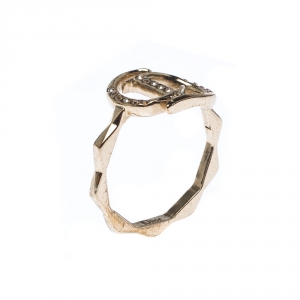 Pre Owned Dior Gold Tone Crystal Embedded Logo Ring Size 55