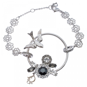 Dior Silver Tone Crystal Embellished Swallow Charm Bracelet